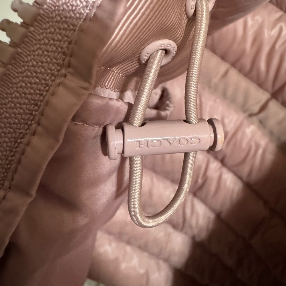 Coach Blush Pink Rose Quilted Long Slim Puffer Hooded Jacket size L - Picture 11 of 13